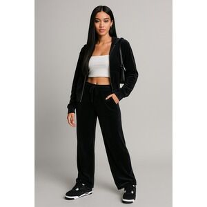 Y2K Velour Tracksuit‎ Womens FITS XL- 1X Black 2 Pc Jacket Wide Leg High Rise